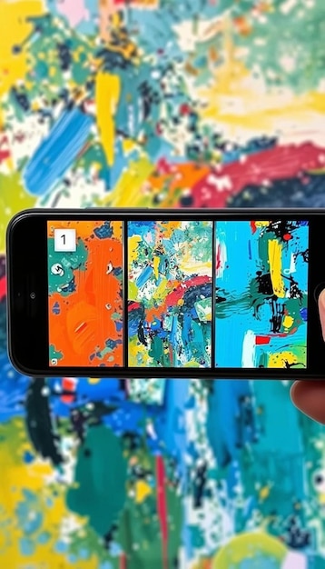 Photo a person holding a phone with a colorful painting on it