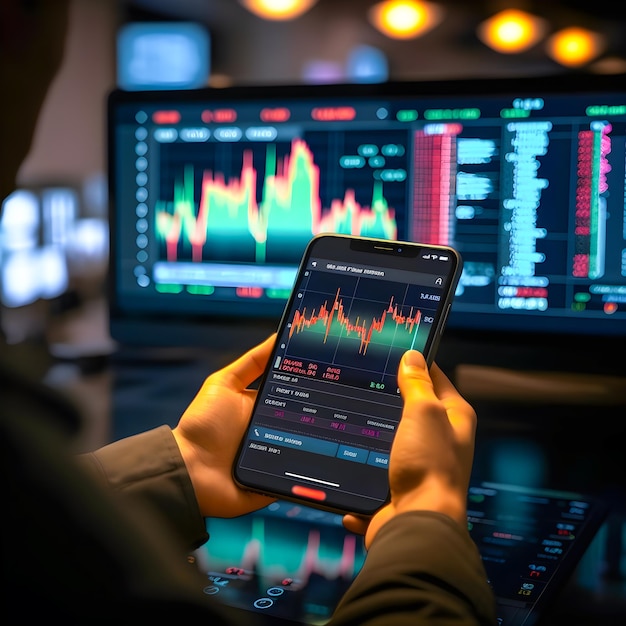 A person holding a phone with a graph showing a stock market chart on the screen.