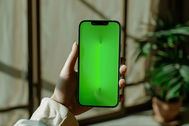 a person holding a phone with a green screen that sayston it