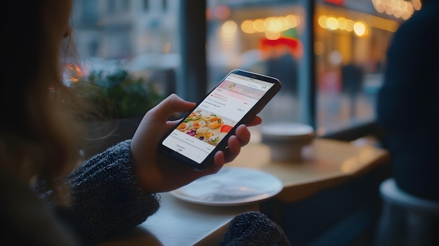 Photo a person holding a phone with a menu on the screen that says  food