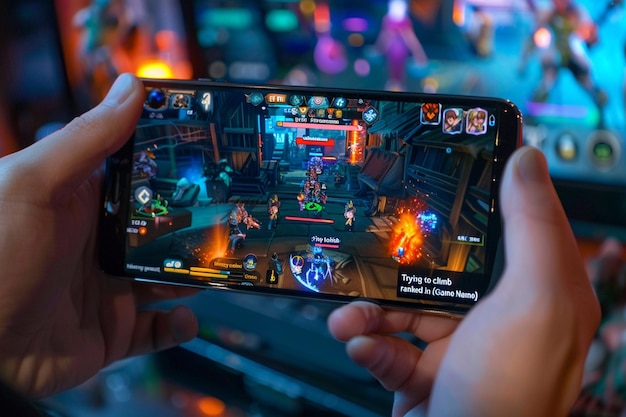 a person holding a phone with a video game on the screen