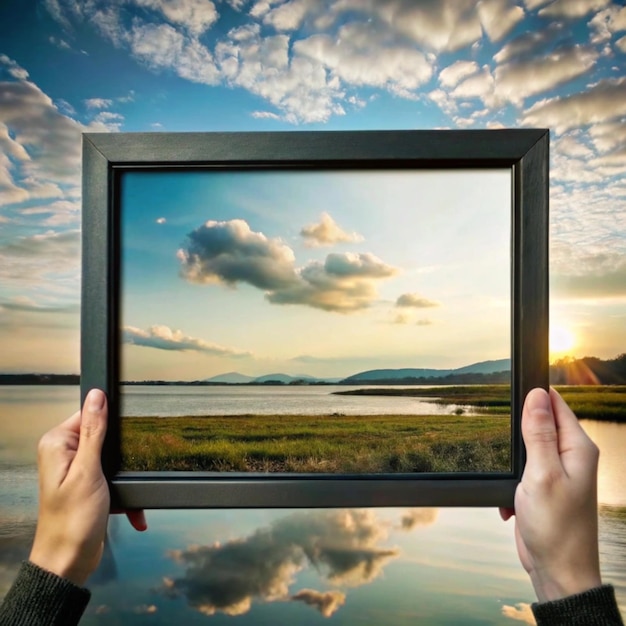 a person holding a picture of a lake with the sun setting behind them