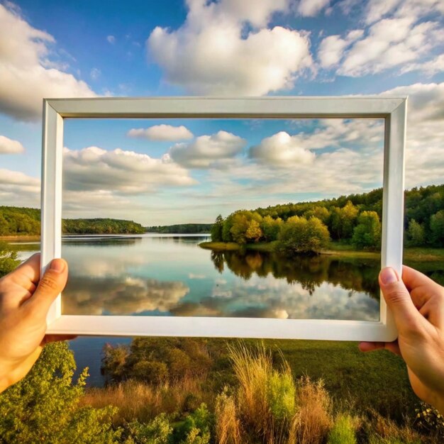 a person holding a picture of a lake with the words quot the word quot on it