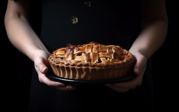 A person holding a pie with a crust on it.