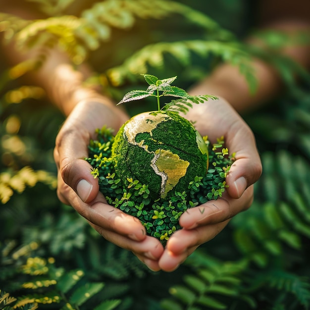 a person holding a piece of broccoli with a world on it