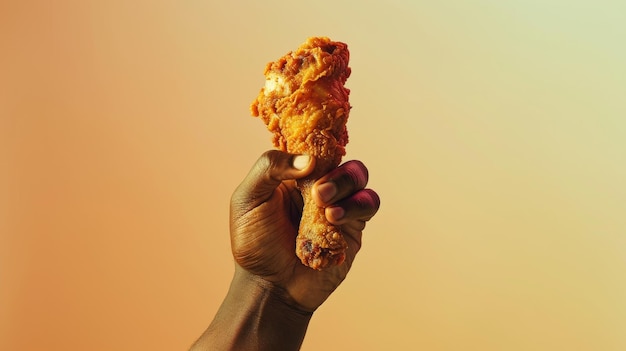 Photo a person holding a piece of chicken with a yellow background