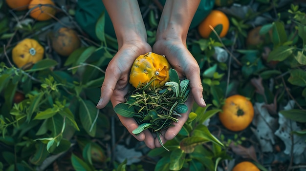 Photo a person holding a piece of food with oranges and leaves