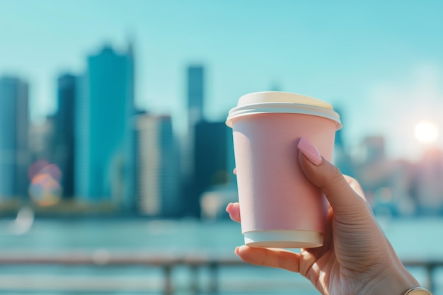 A person holding a pink cup with a white lid