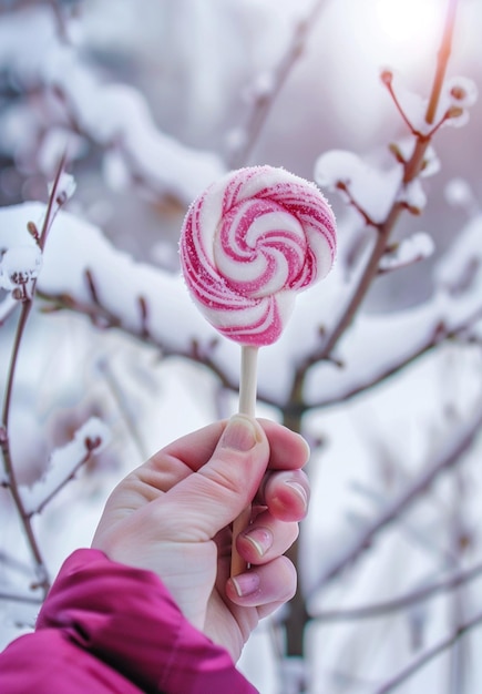 a person holding a pink lollipop in front of a tree with snow on the branches