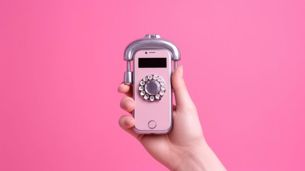 a person holding a pink phone with a silver dial on the front.