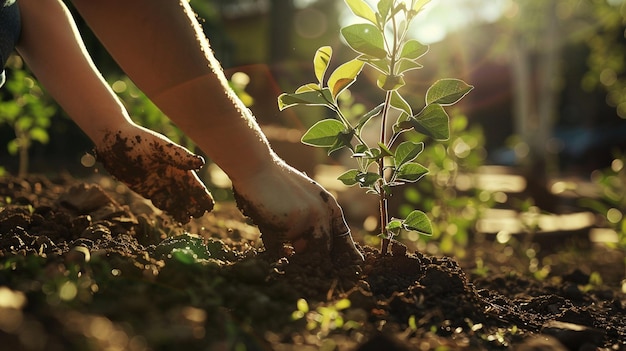 a person holding a plant in the dirt