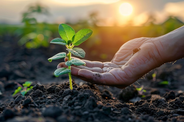 Person holding plant field sun setting