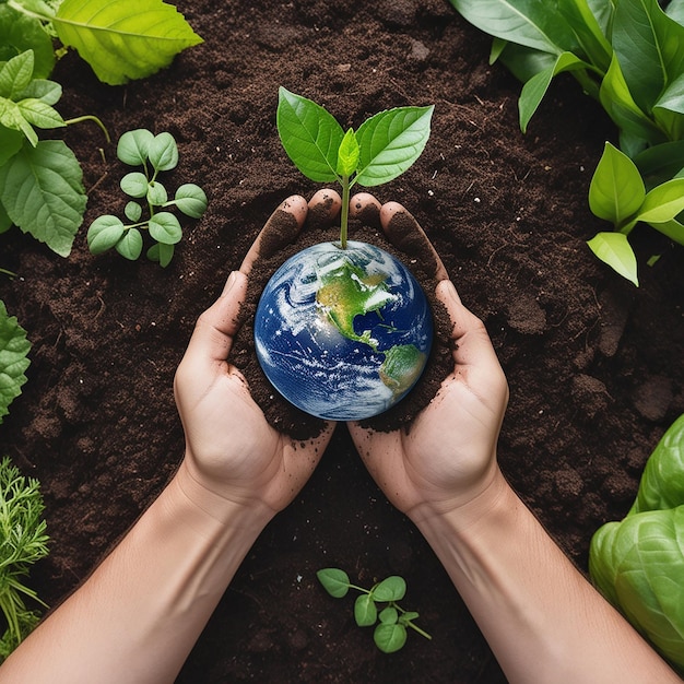 Photo a person holding a plant with the earth growing in their hands