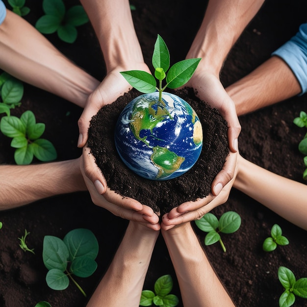 Photo a person holding a plant with the earth growing in their hands