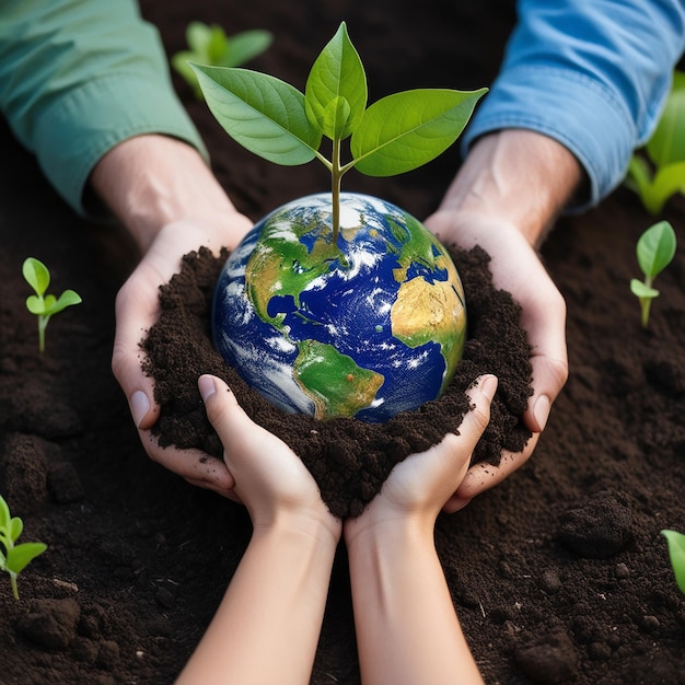 Photo a person holding a plant with the earth growing in their hands