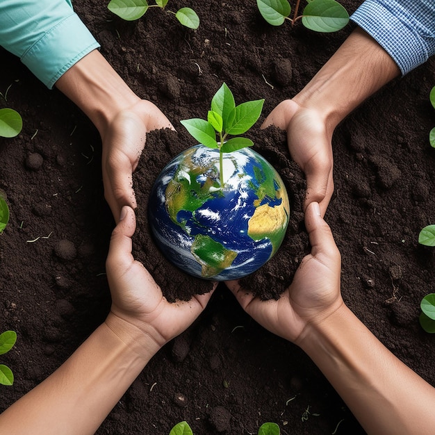 Photo a person holding a plant with the earth growing in their hands