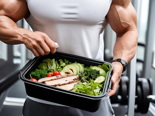 Photo person holding a plastic black container box with healthy fitness food including white meat fresh gr