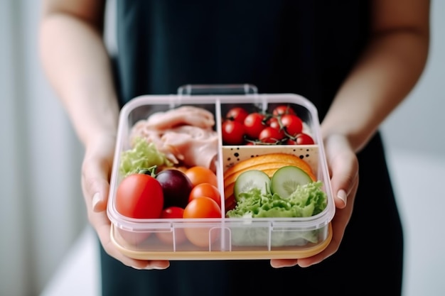 A person holding a plastic container filled with food generative ai image