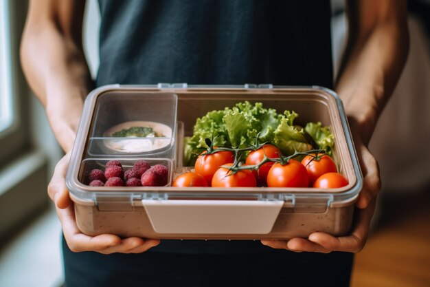 A person holding a plastic container filled with fruits and vegetables generative ai image