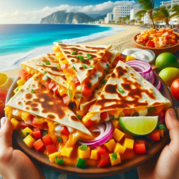 a person holding a plate of food that has a beach scene on it