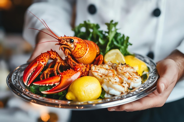 a person holding a plate of lobsters and shrimp