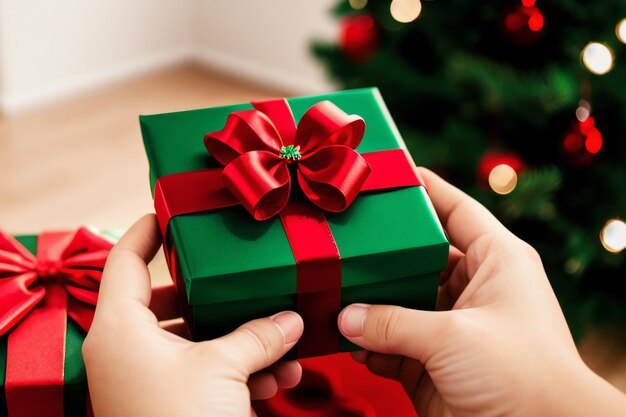 A person holding a present with a red ribbon on it