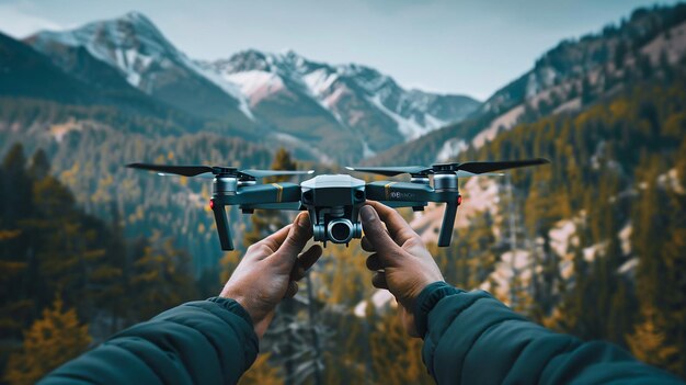 Photo a person holding a professional camera attached to a drone preparing for takeoff in a mountainous region aiming to capture breathtaking vistas of snowcapped peaks and forested valleys