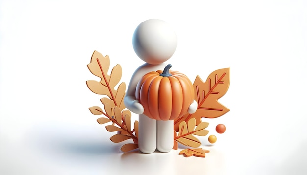 Person Holding Pumpkin and Autumn Leaves 3D Flat Icon Thanksgiving Symbol with Copy Space Isolat