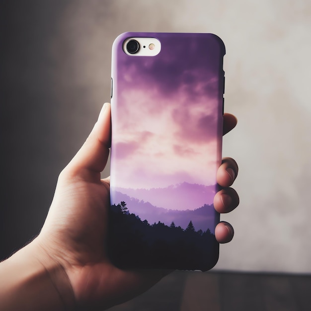 Photo a person holding a purple phone with a mountain view on the back