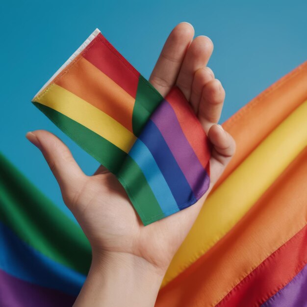 Photo a person holding a rainbow colored flag that says rainbow on it