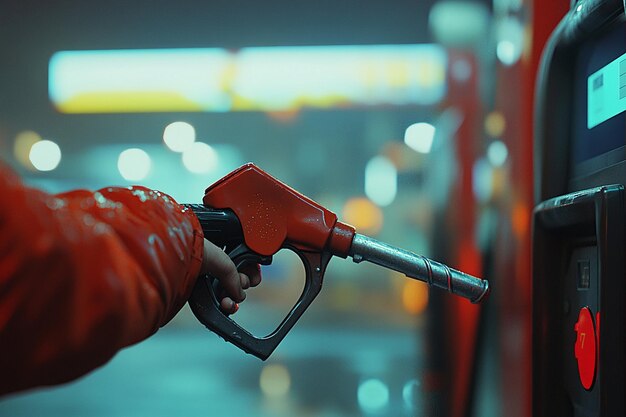 a person holding a red gas pump with the handle up