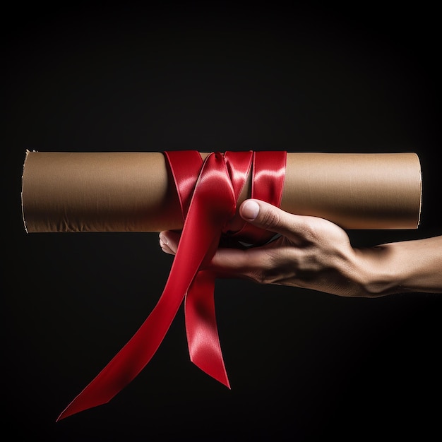 Photo a person holding a red ribbon with a bow on it