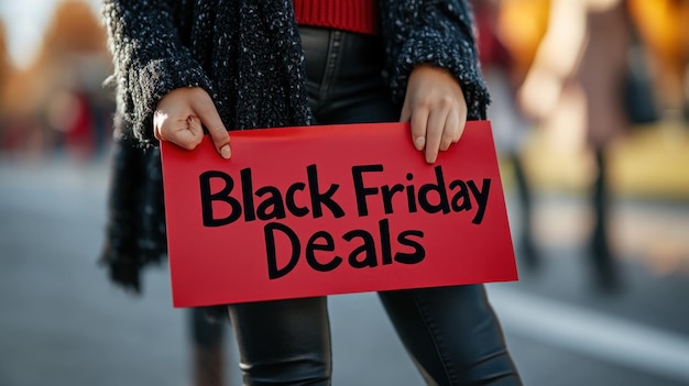 Photo a person holding a red sign promoting black friday deals in a shopping area