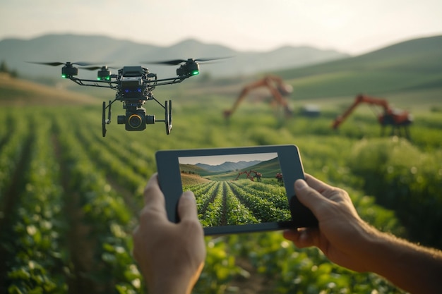 a person holding a remote control with a camera and a camera in the air