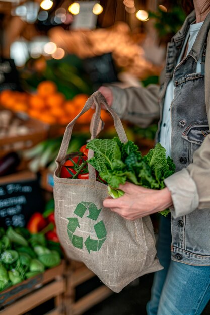 Photo person holding reusable shopping bag with fresh produce at farmers market