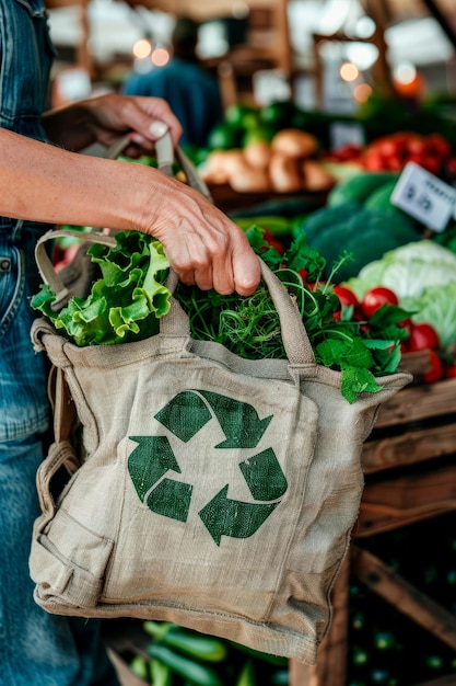 Photo person holding reusable shopping bag with fresh produce at farmers market