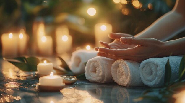 Photo a person holding a rolled up towel next to candles