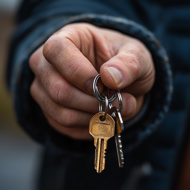 a person holding a set of keys that sayson it