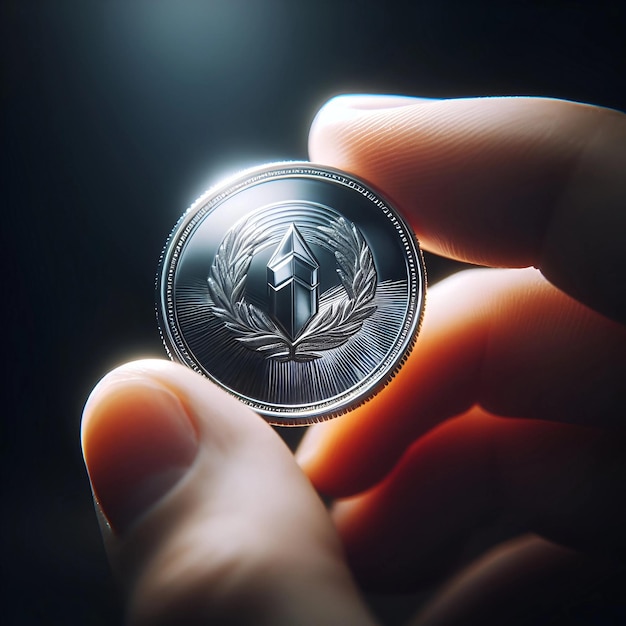 A person holding a silver coin closeup showing wealth and income