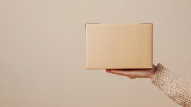 Photo person holding a simple cardboard box presenting a minimalistic look