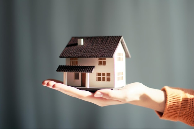 A person holding a small house on their palm