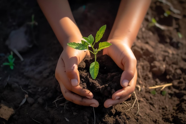 a person holding a small plant in dirt