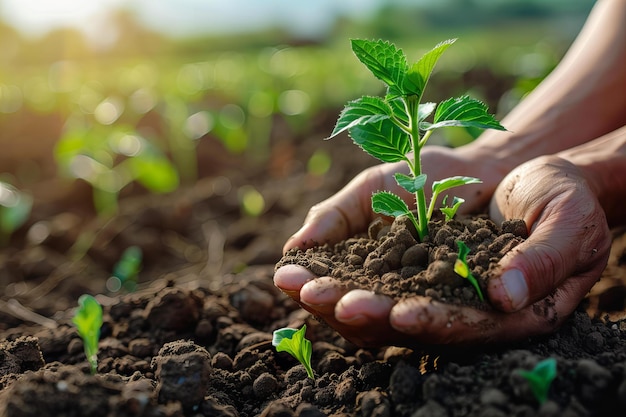 Person holding small plant in hands in field