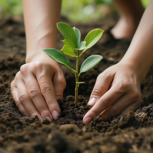 a person holding a small plant in the soil