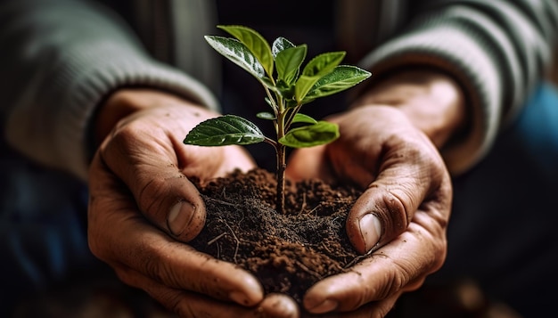 A person holding a small plant in their hands generative ai image planting trees for green