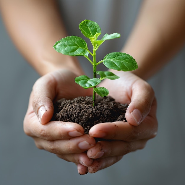 a person holding a small plant in their hands