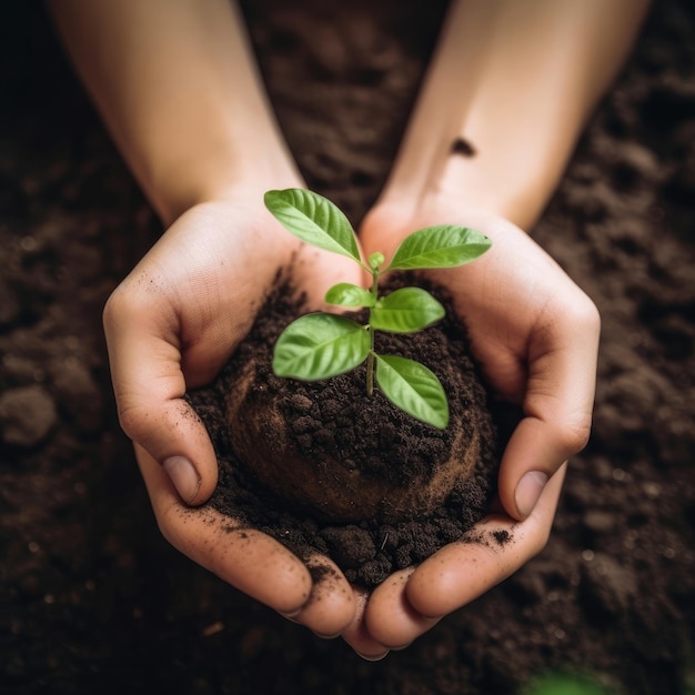 A person holding a small plant in their hands.