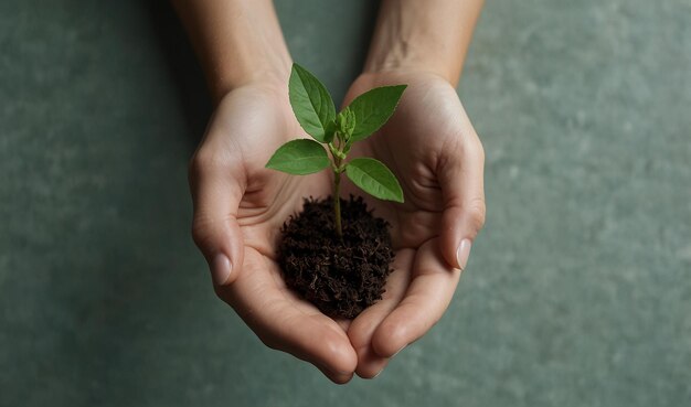 a person holding a small plant with soil and a green plant