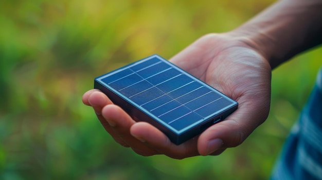 A person holding a small sleek device that is powered solely by a solar panel coated with