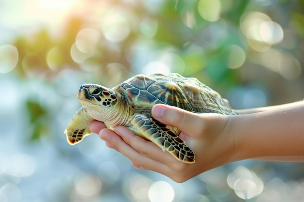 Photo person holding a small turtle in their hands with a blurred natural background